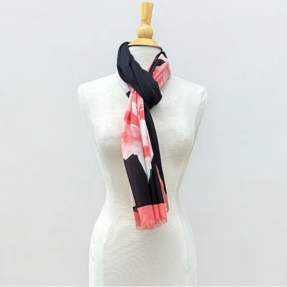 Pink & Black Floral Scarf Wrap Shawl Frayed Edge Lightweight 72 x 25